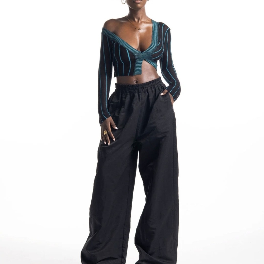 Hanifa Blue and Black Blouse with V-Neck and Billowy Sleeves